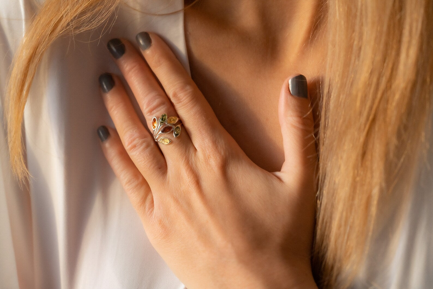 Multicolour Amber Floral Ring - Sterling Silver Cuff Ring with Baltic Amber - BEYRUN