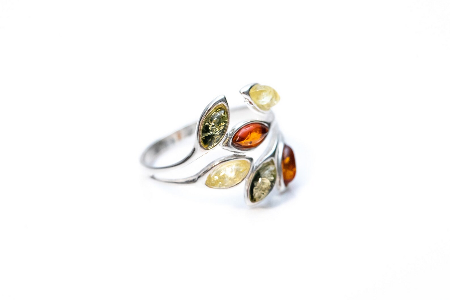 Multicolour Amber Floral Ring - Sterling Silver Cuff Ring with Baltic Amber - BEYRUN