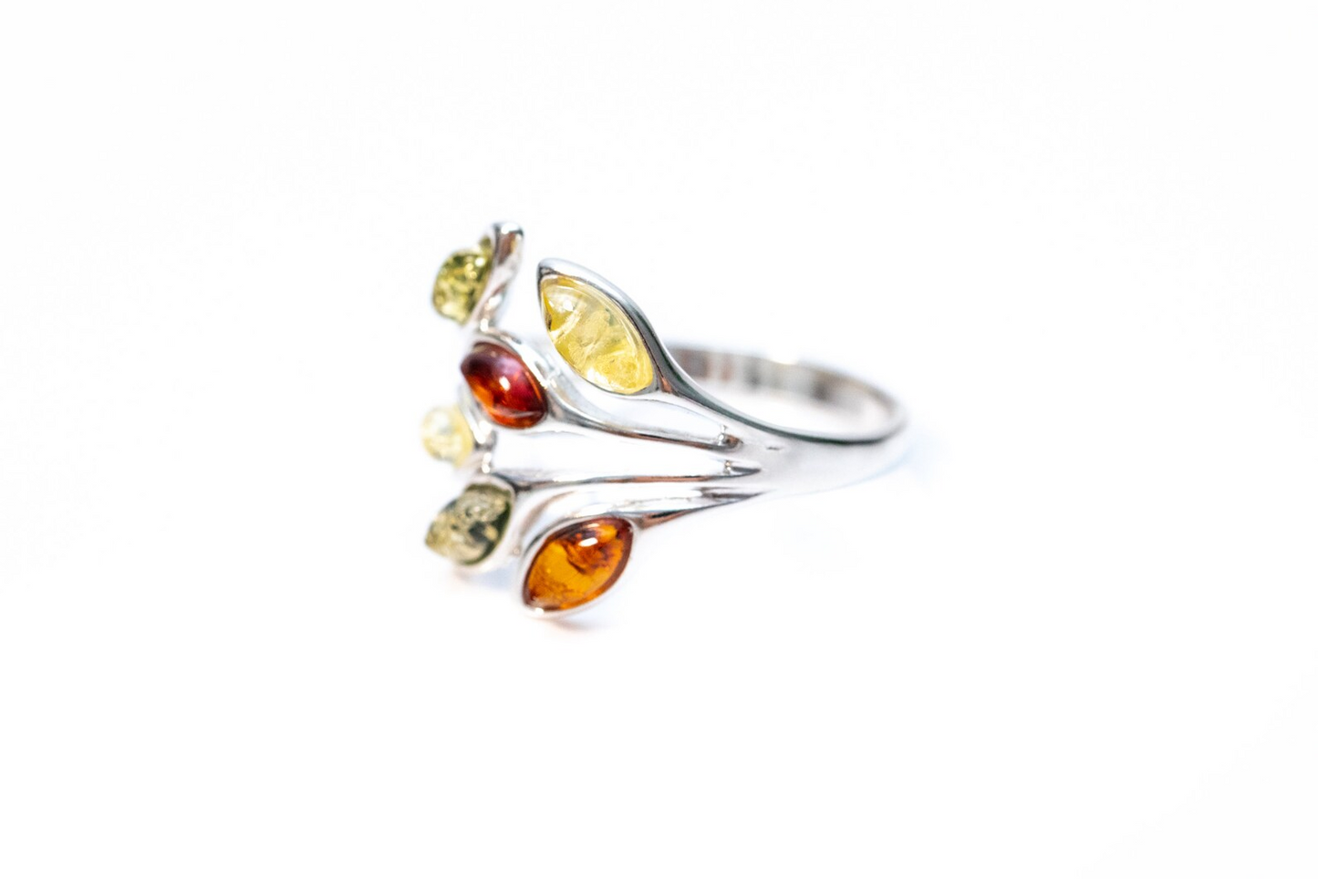 Multicolour Amber Floral Ring - Sterling Silver Cuff Ring with Baltic Amber - BEYRUN