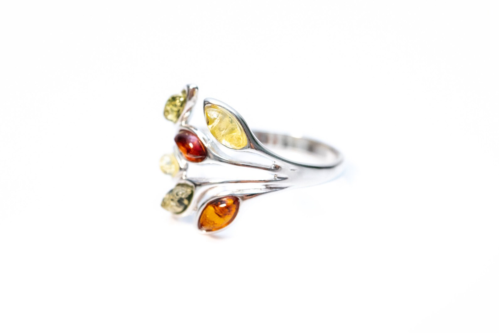 Multicolour Amber Floral Ring - Sterling Silver Cuff Ring with Baltic Amber - BEYRUN