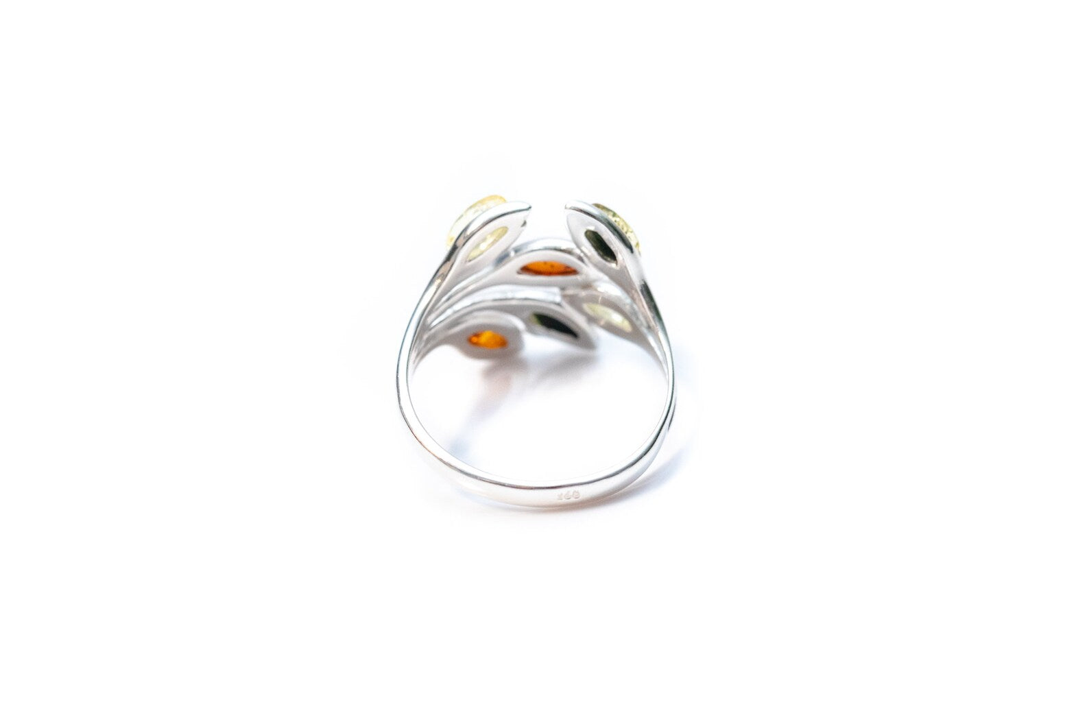 Multicolour Amber Floral Ring - Sterling Silver Cuff Ring with Baltic Amber - BEYRUN