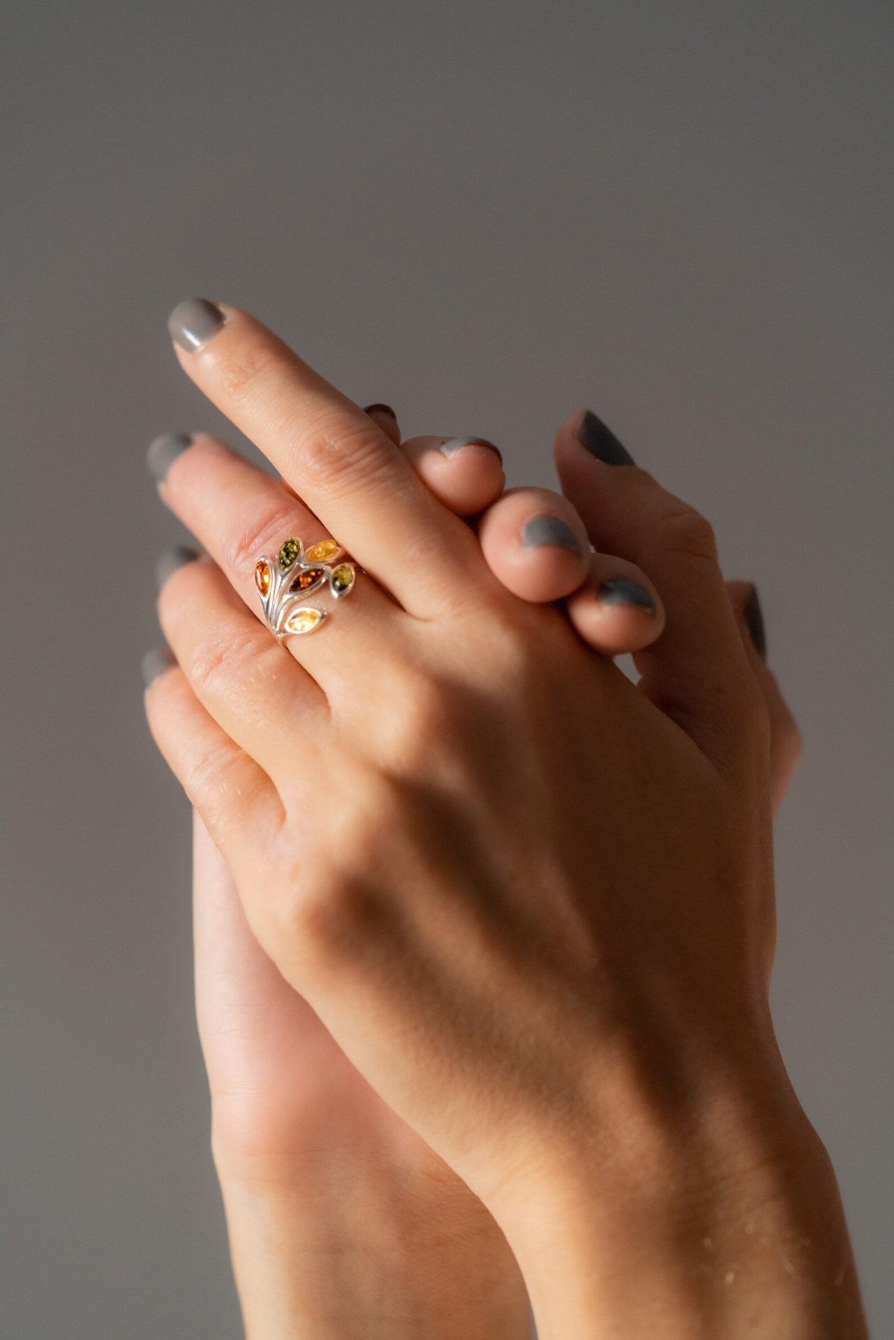 Multicolour Amber Floral Ring - Sterling Silver Cuff Ring with Baltic Amber - BEYRUN