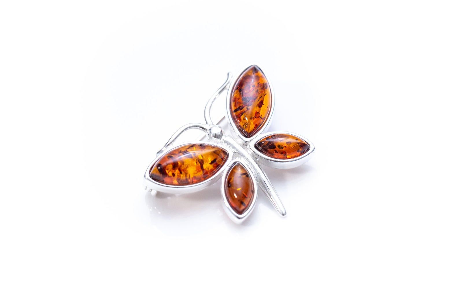 Small Amber Butterfly Brooch - Sterling Silver Frame, Cognac Amber, 25mm x 20mm - BEYRUN