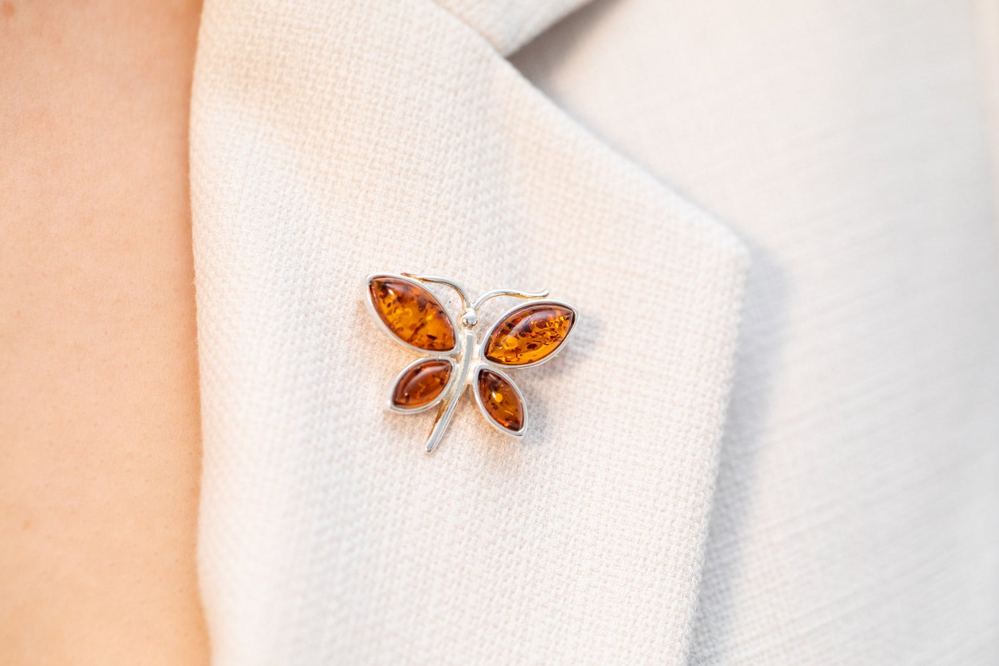 Small Amber Butterfly Brooch - Sterling Silver Frame, Cognac Amber, 25mm x 20mm - BEYRUN