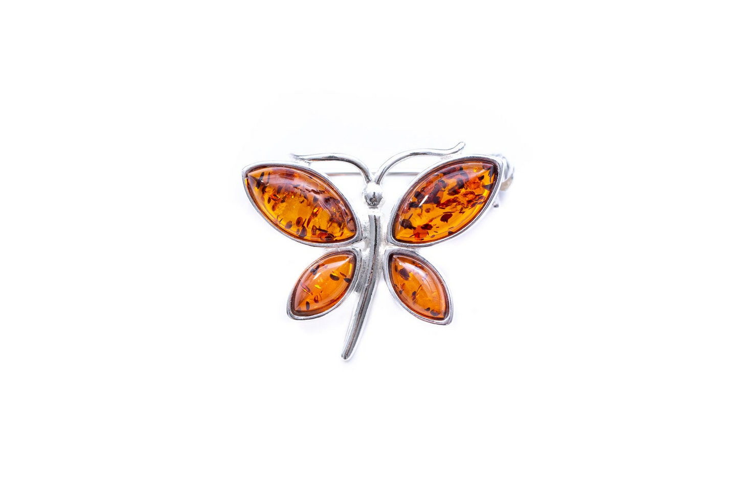 Small Amber Butterfly Brooch - Sterling Silver Frame, Cognac Amber, 25mm x 20mm - BEYRUN