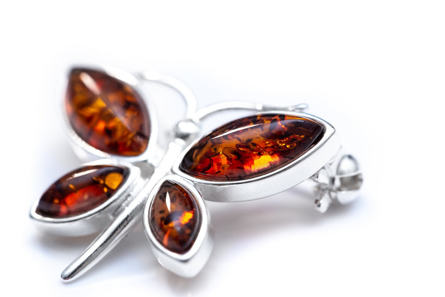 Small Amber Butterfly Brooch - Sterling Silver Frame, Cognac Amber, 25mm x 20mm - BEYRUN