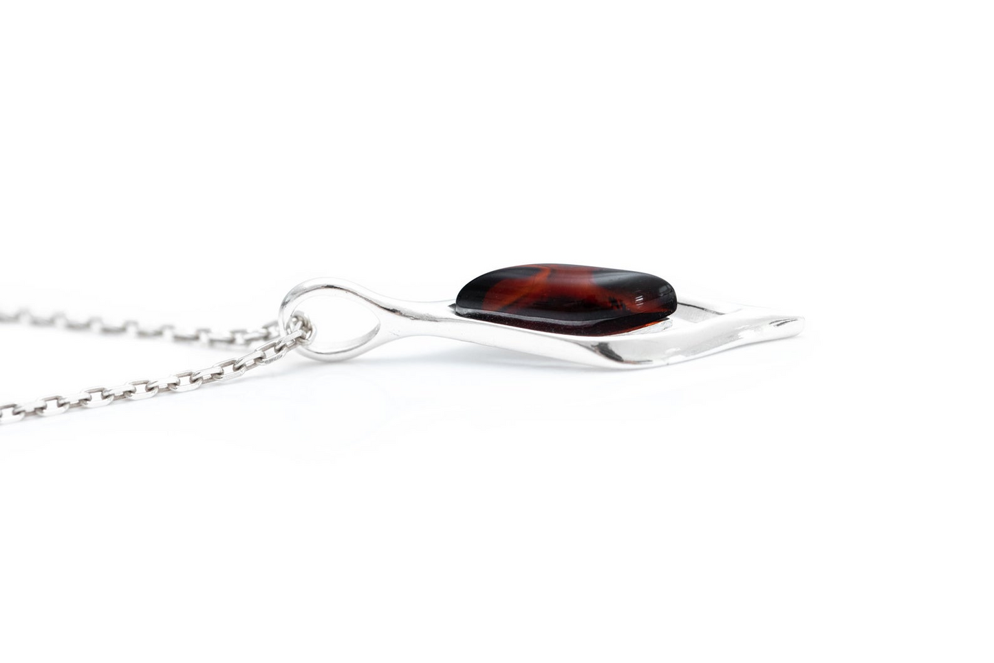 Small Droplet Cherry Amber Pendant - Modern Design, Sterling Silver, Baltic Amber - BEYRUN