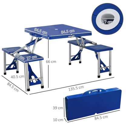 Outsunny Aluminum Picnic Table and Bench Set Camping Garden Party BBQ 4 Chair Stool Table Foldable and Portable - Blue - BEYRUN