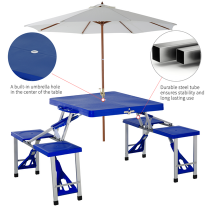 Outsunny Aluminum Picnic Table and Bench Set Camping Garden Party BBQ 4 Chair Stool Table Foldable and Portable - Blue - BEYRUN