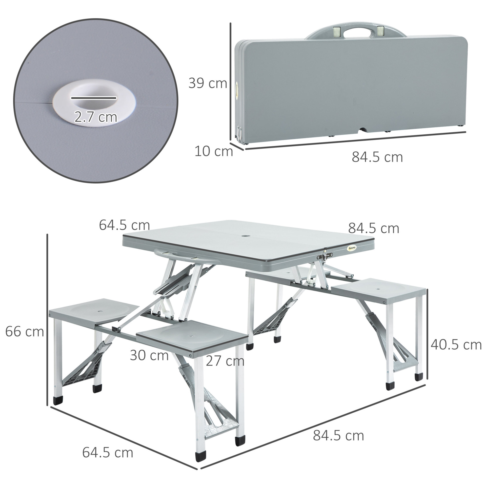 Outsunny Portable Foldable Camping Picnic Table with Seats, Chairs, and Umbrella Hole - Grey - BEYRUN