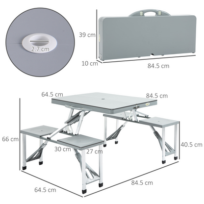 Outsunny Portable Foldable Camping Picnic Table with Seats, Chairs, and Umbrella Hole - Grey - BEYRUN