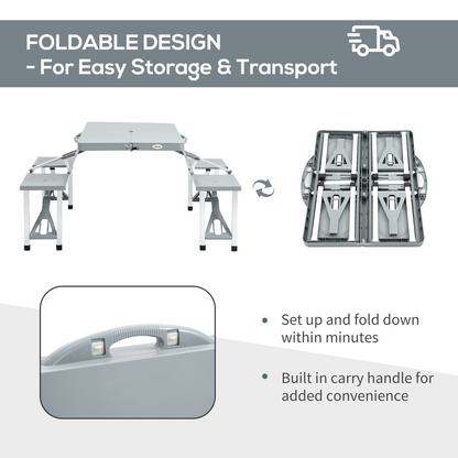 Outsunny Portable Foldable Camping Picnic Table with Seats, Chairs, and Umbrella Hole - Grey - BEYRUN