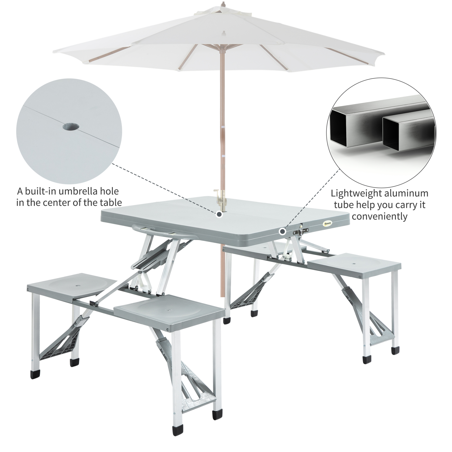 Outsunny Portable Foldable Camping Picnic Table with Seats, Chairs, and Umbrella Hole - Grey - BEYRUN