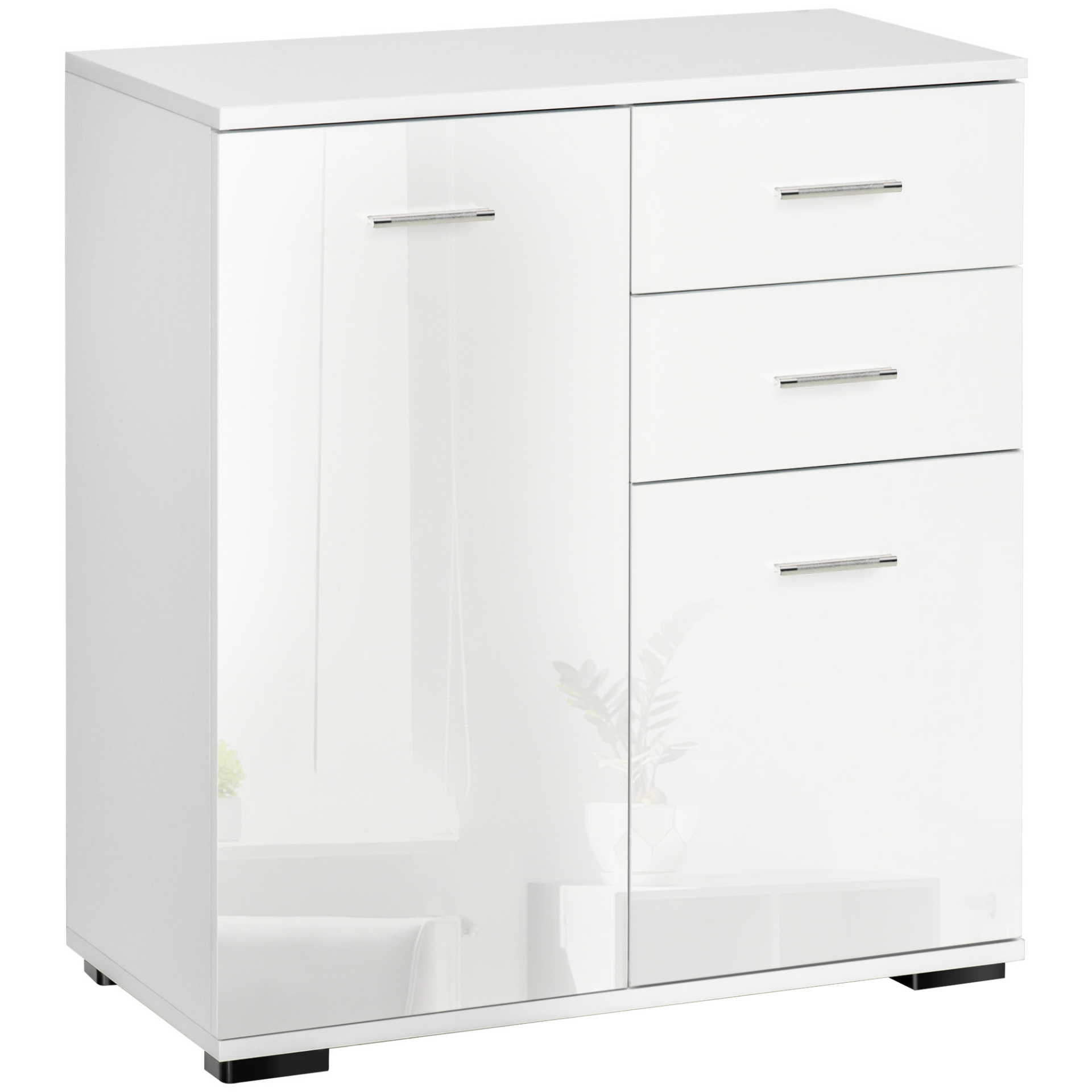 HOMCOM Modern High Gloss Sideboard Cabinet with Drawers - White Storage Furniture for Bedroom & Living Room - BEYRUN