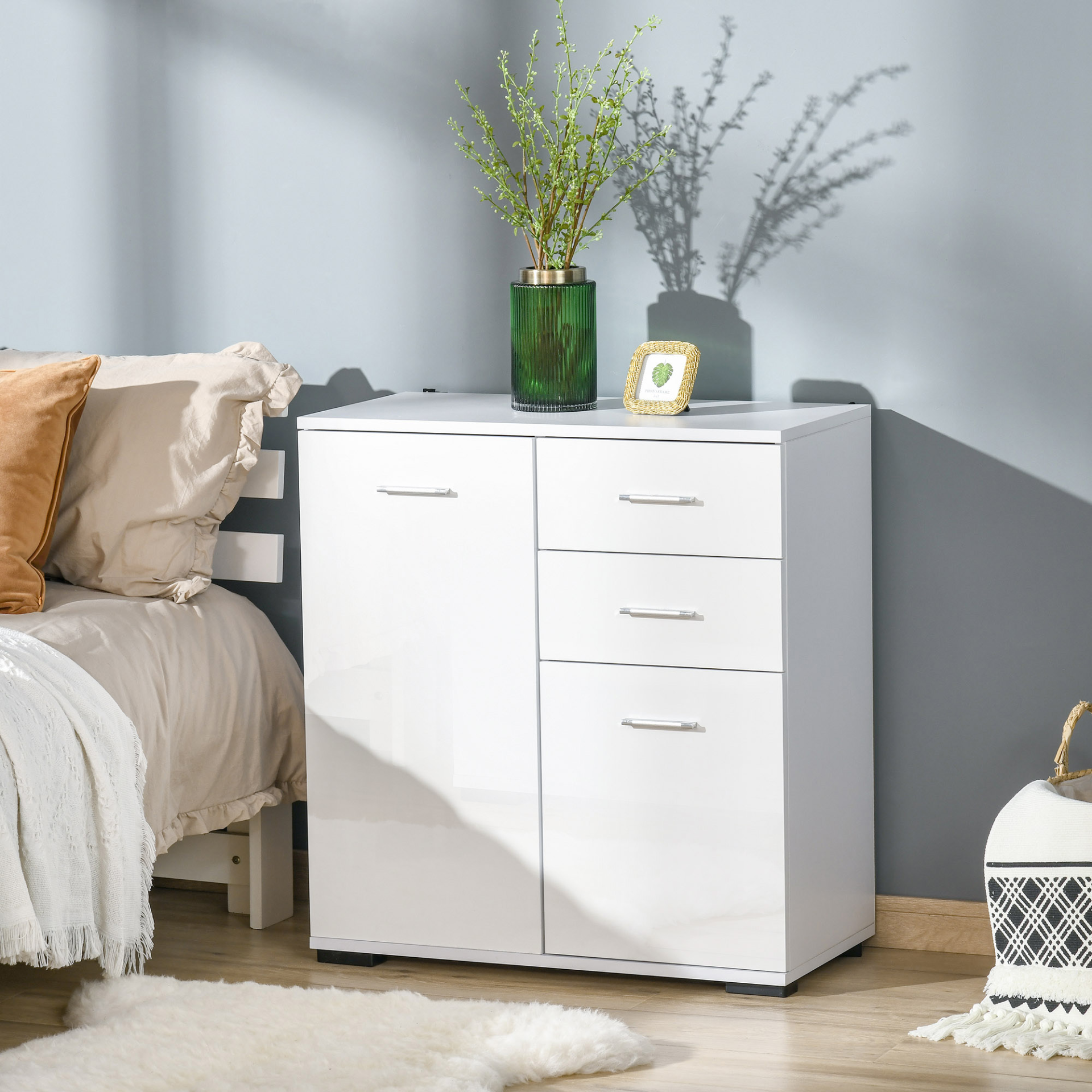 HOMCOM Modern High Gloss Sideboard Cabinet with Drawers - White Storage Furniture for Bedroom & Living Room - BEYRUN