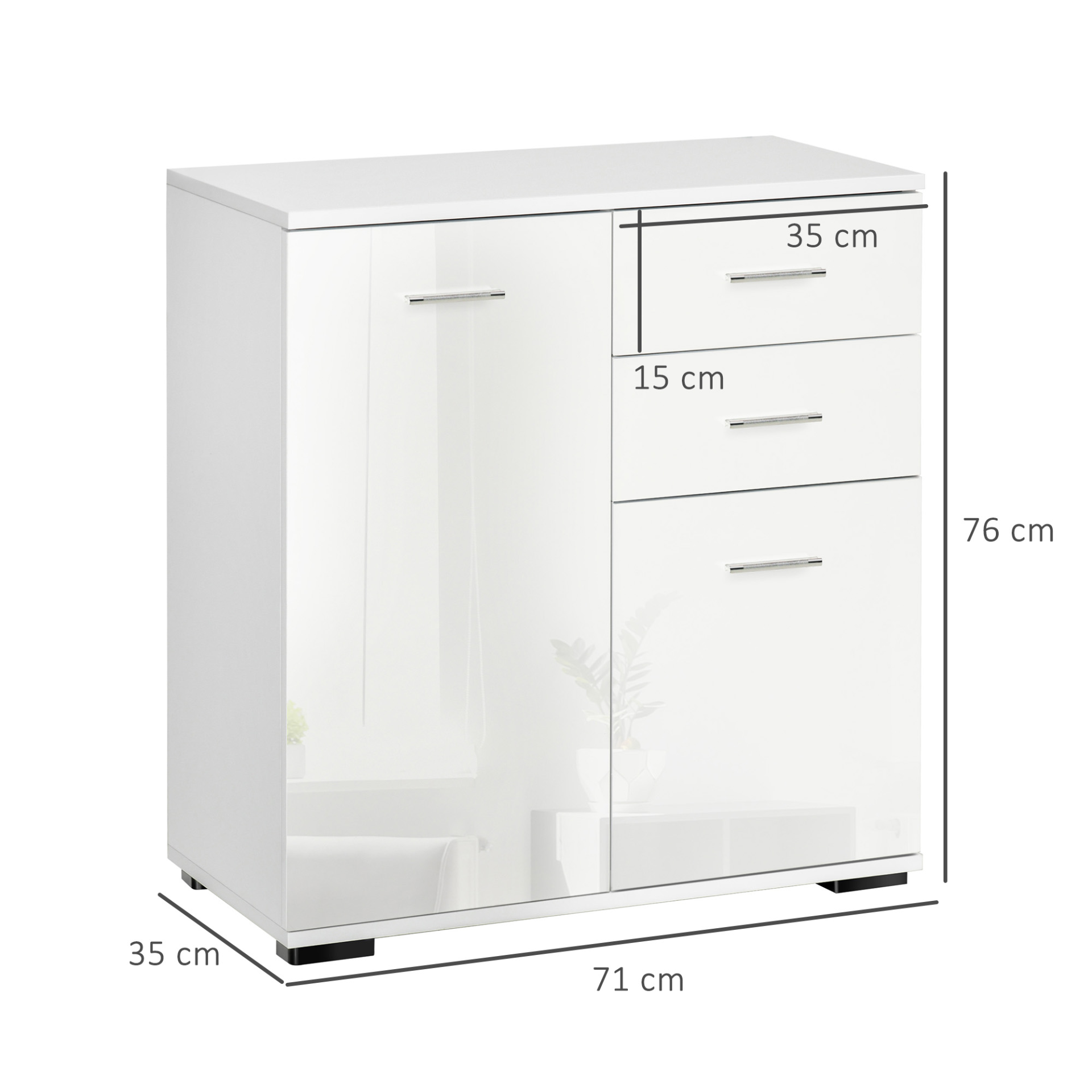 HOMCOM Modern High Gloss Sideboard Cabinet with Drawers - White Storage Furniture for Bedroom & Living Room - BEYRUN