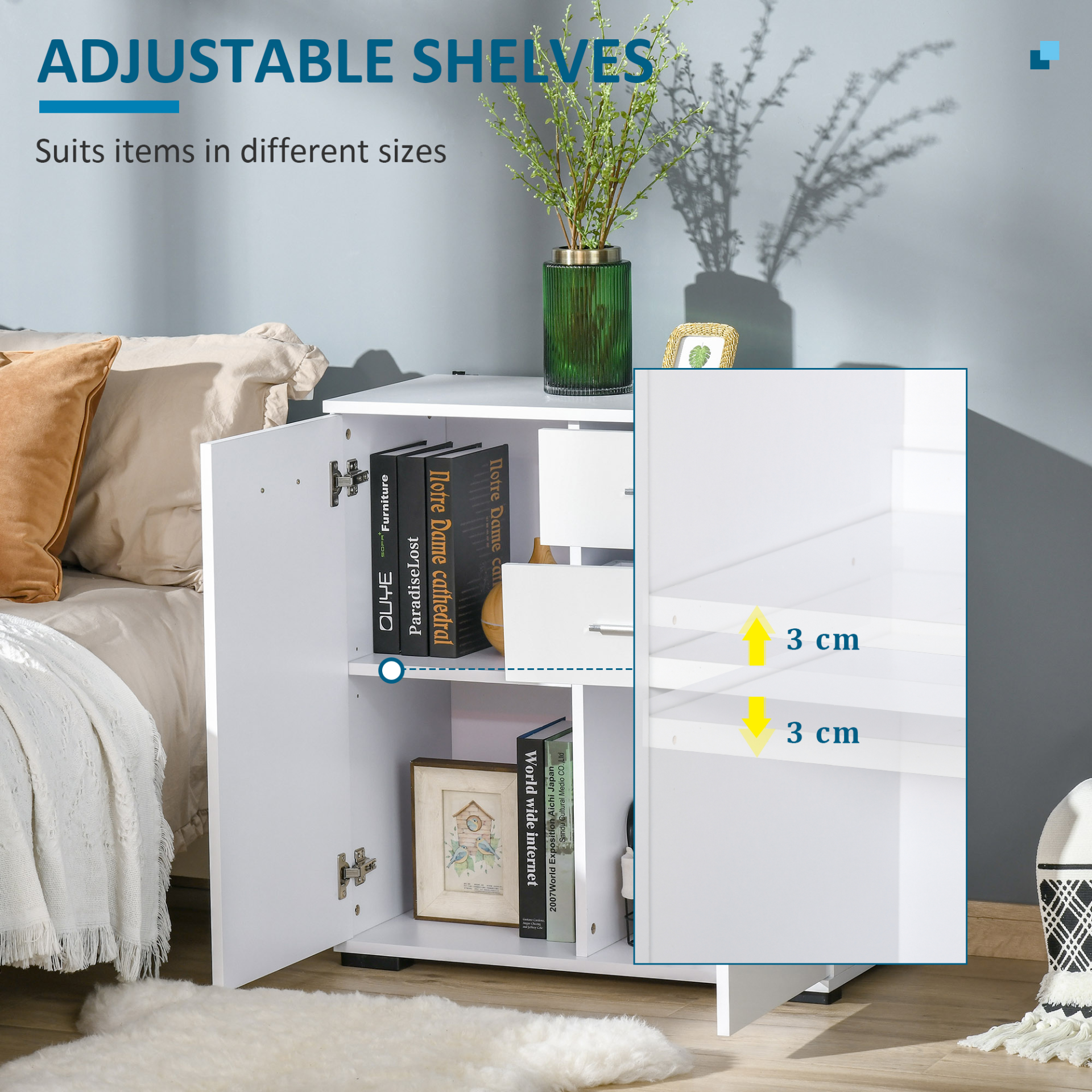 HOMCOM Modern High Gloss Sideboard Cabinet with Drawers - White Storage Furniture for Bedroom & Living Room - BEYRUN