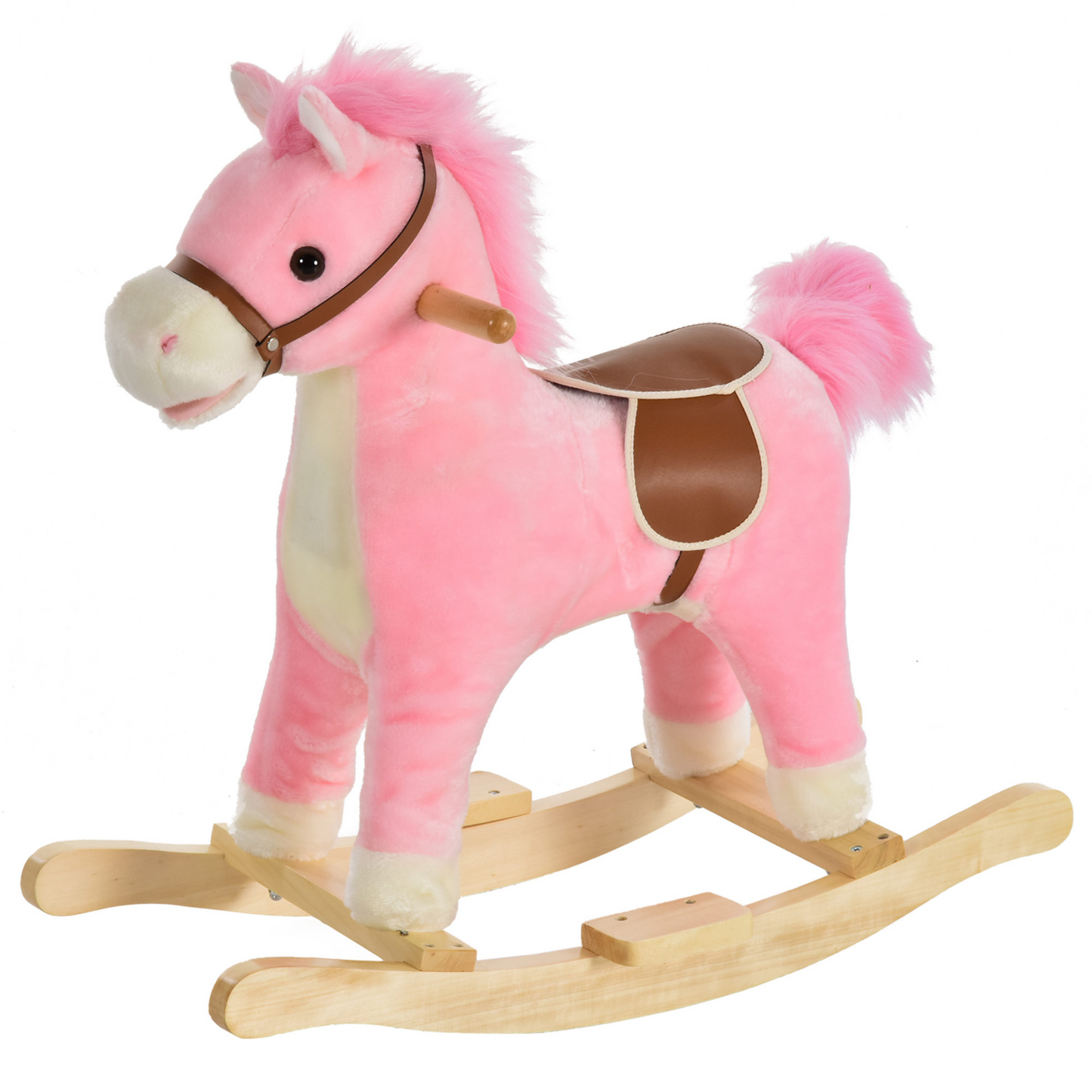 HOMCOM Kids Plush Rocking Horse w/ Sound Moving Mouth Wagging Tail Children Rocker Ride On Toy Gift 36-72 Months Pink - BEYRUN