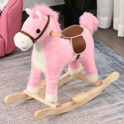 HOMCOM Kids Plush Rocking Horse w/ Sound Moving Mouth Wagging Tail Children Rocker Ride On Toy Gift 36-72 Months Pink - BEYRUN