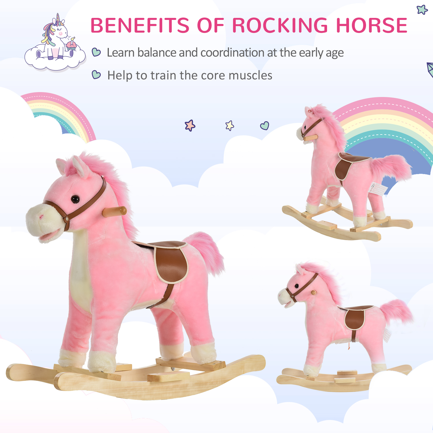 HOMCOM Kids Plush Rocking Horse w/ Sound Moving Mouth Wagging Tail Children Rocker Ride On Toy Gift 36-72 Months Pink - BEYRUN