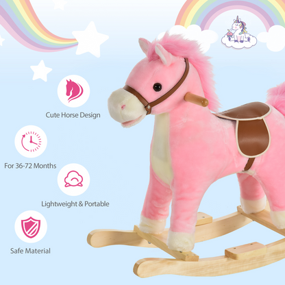 HOMCOM Kids Plush Rocking Horse w/ Sound Moving Mouth Wagging Tail Children Rocker Ride On Toy Gift 36-72 Months Pink - BEYRUN