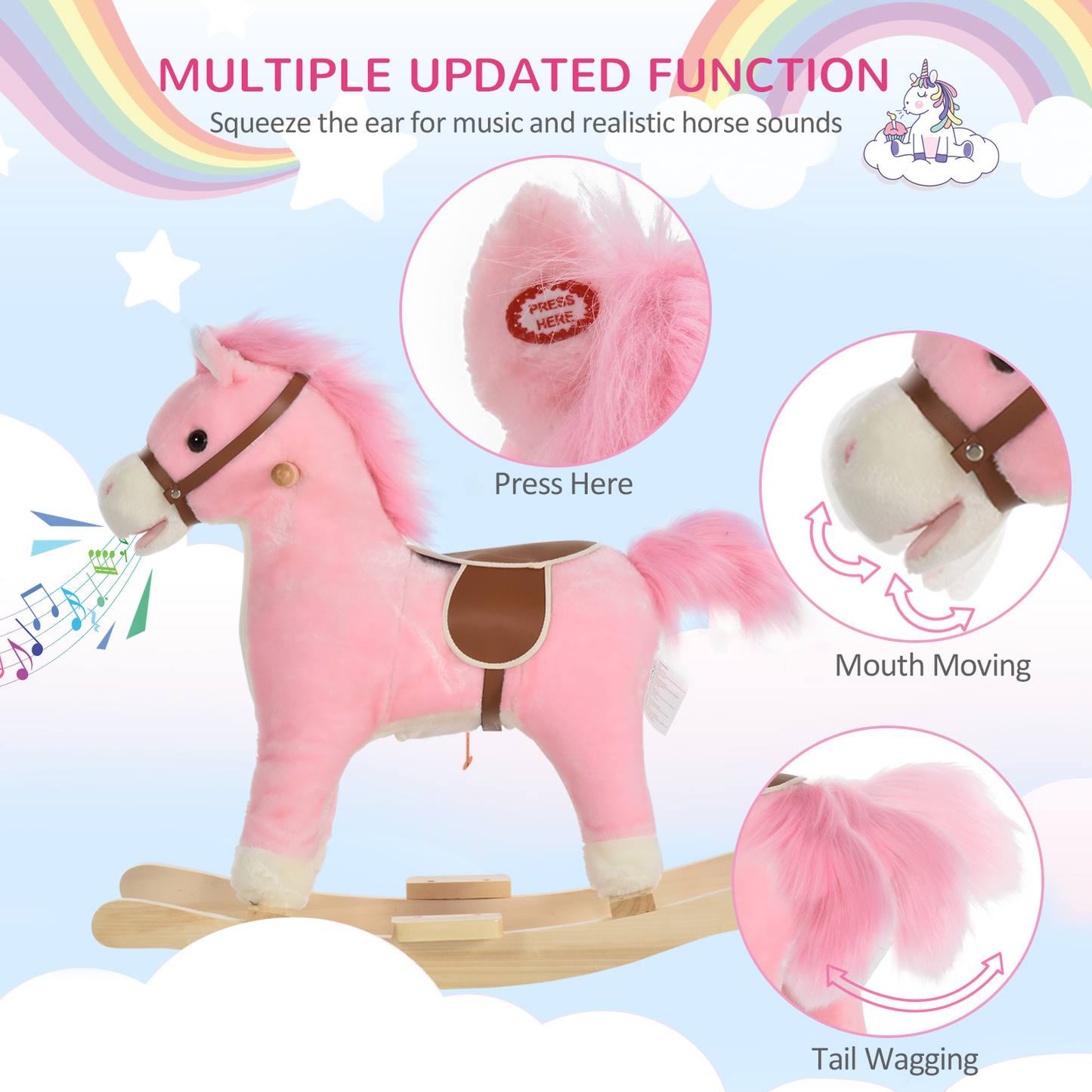 HOMCOM Kids Plush Rocking Horse w/ Sound Moving Mouth Wagging Tail Children Rocker Ride On Toy Gift 36-72 Months Pink - BEYRUN