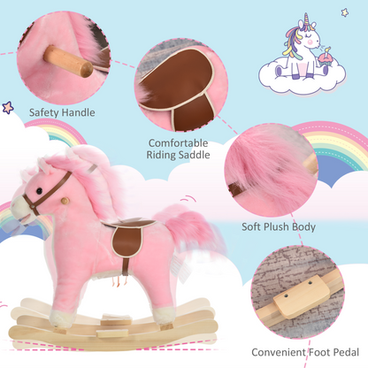 HOMCOM Kids Plush Rocking Horse w/ Sound Moving Mouth Wagging Tail Children Rocker Ride On Toy Gift 36-72 Months Pink - BEYRUN