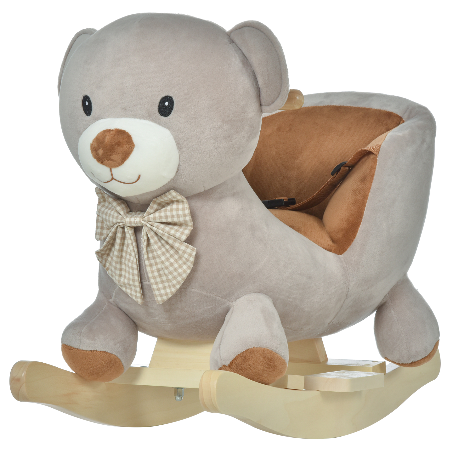 HOMCOM Kids Children Rocking Horse Plush Ride On Bear Seat with Sound Wood Base Seat Safety Belt Toddler Baby Toy Grey - BEYRUN