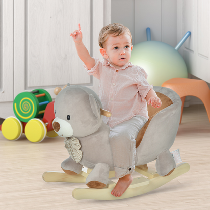 HOMCOM Kids Children Rocking Horse Plush Ride On Bear Seat with Sound Wood Base Seat Safety Belt Toddler Baby Toy Grey - BEYRUN