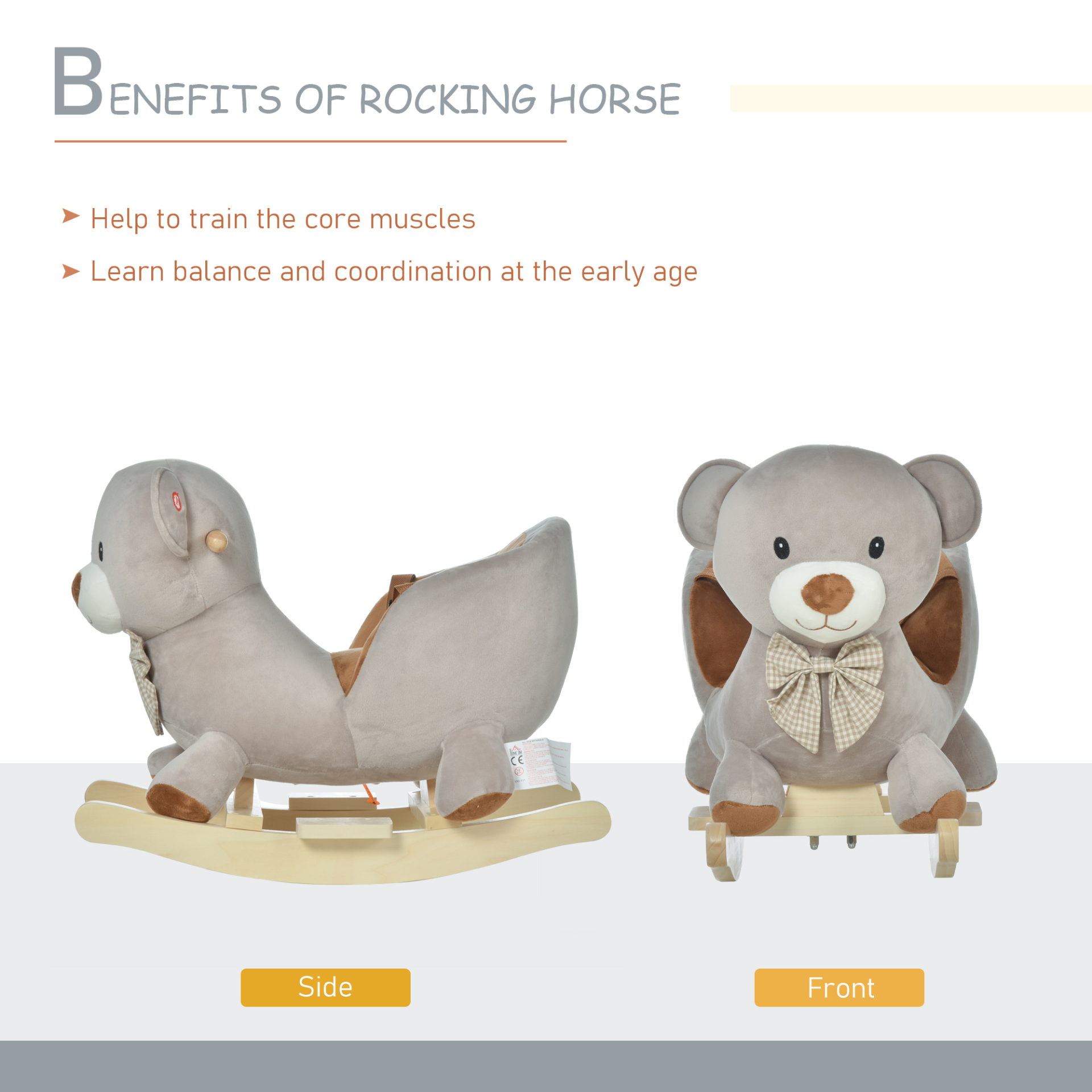 HOMCOM Kids Children Rocking Horse Plush Ride On Bear Seat with Sound Wood Base Seat Safety Belt Toddler Baby Toy Grey - BEYRUN