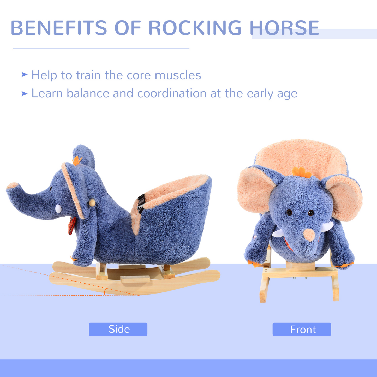 HOMCOM Children Kids Rocking Horse Toys Plush Elephant Rocker Seat with Sound Toddler Baby Gift Blue - BEYRUN