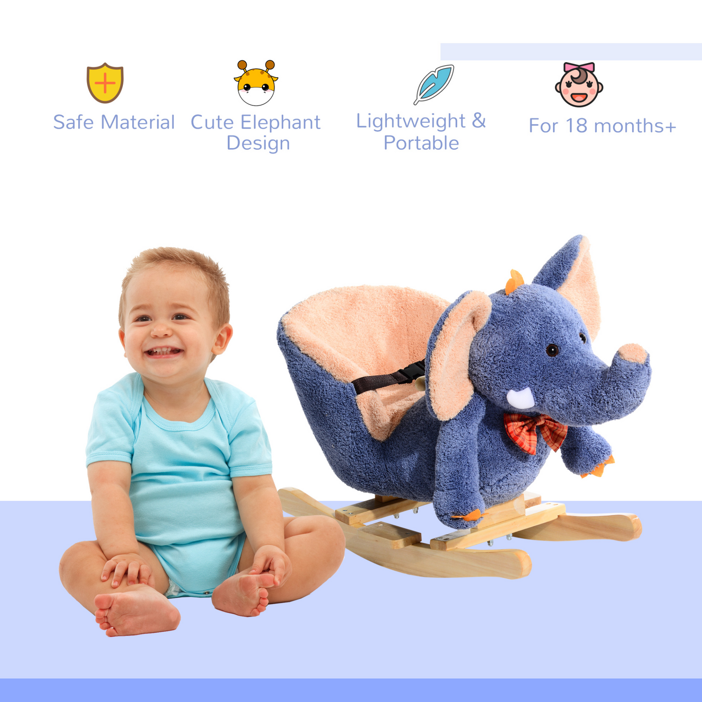 HOMCOM Children Kids Rocking Horse Toys Plush Elephant Rocker Seat with Sound Toddler Baby Gift Blue - BEYRUN