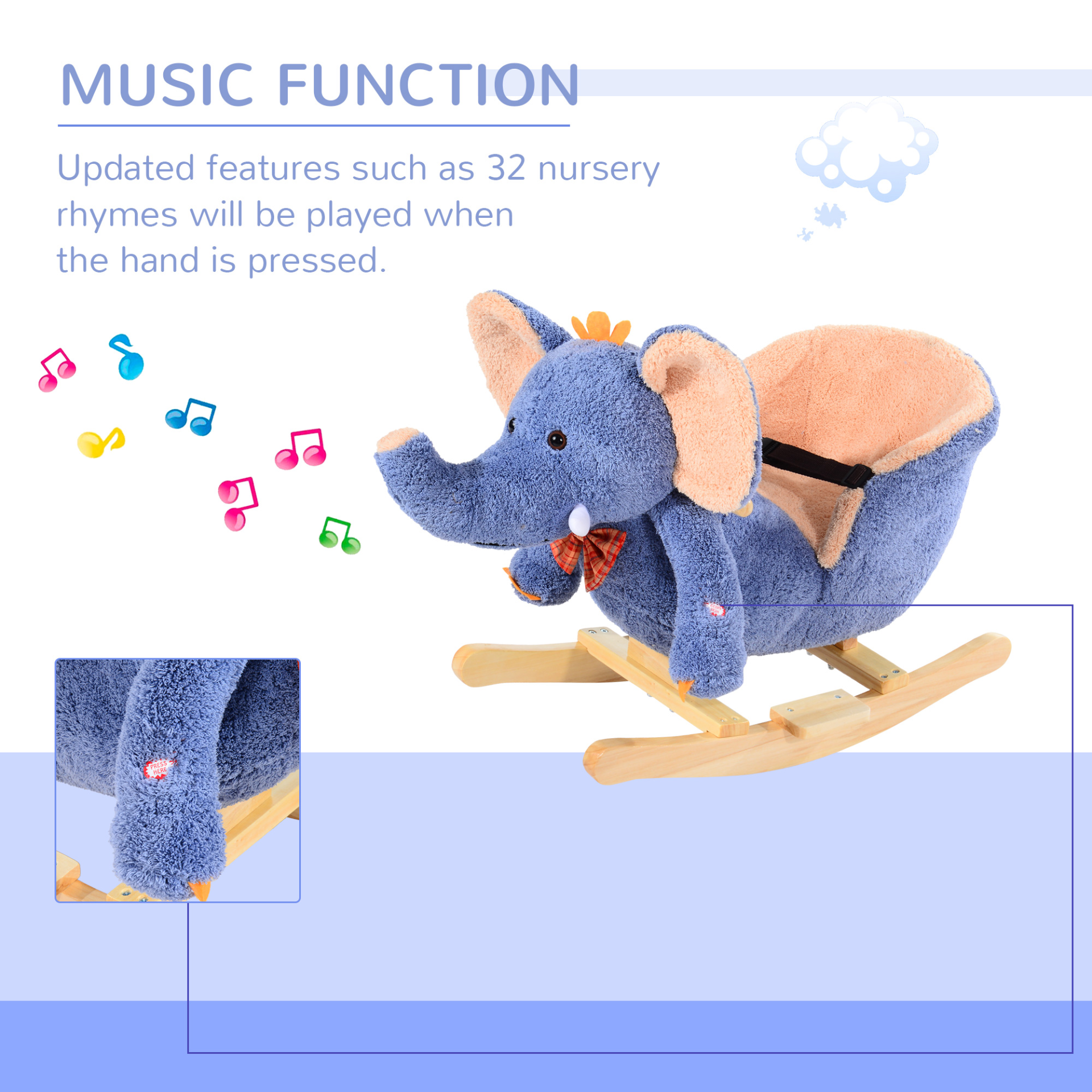 HOMCOM Children Kids Rocking Horse Toys Plush Elephant Rocker Seat with Sound Toddler Baby Gift Blue - BEYRUN