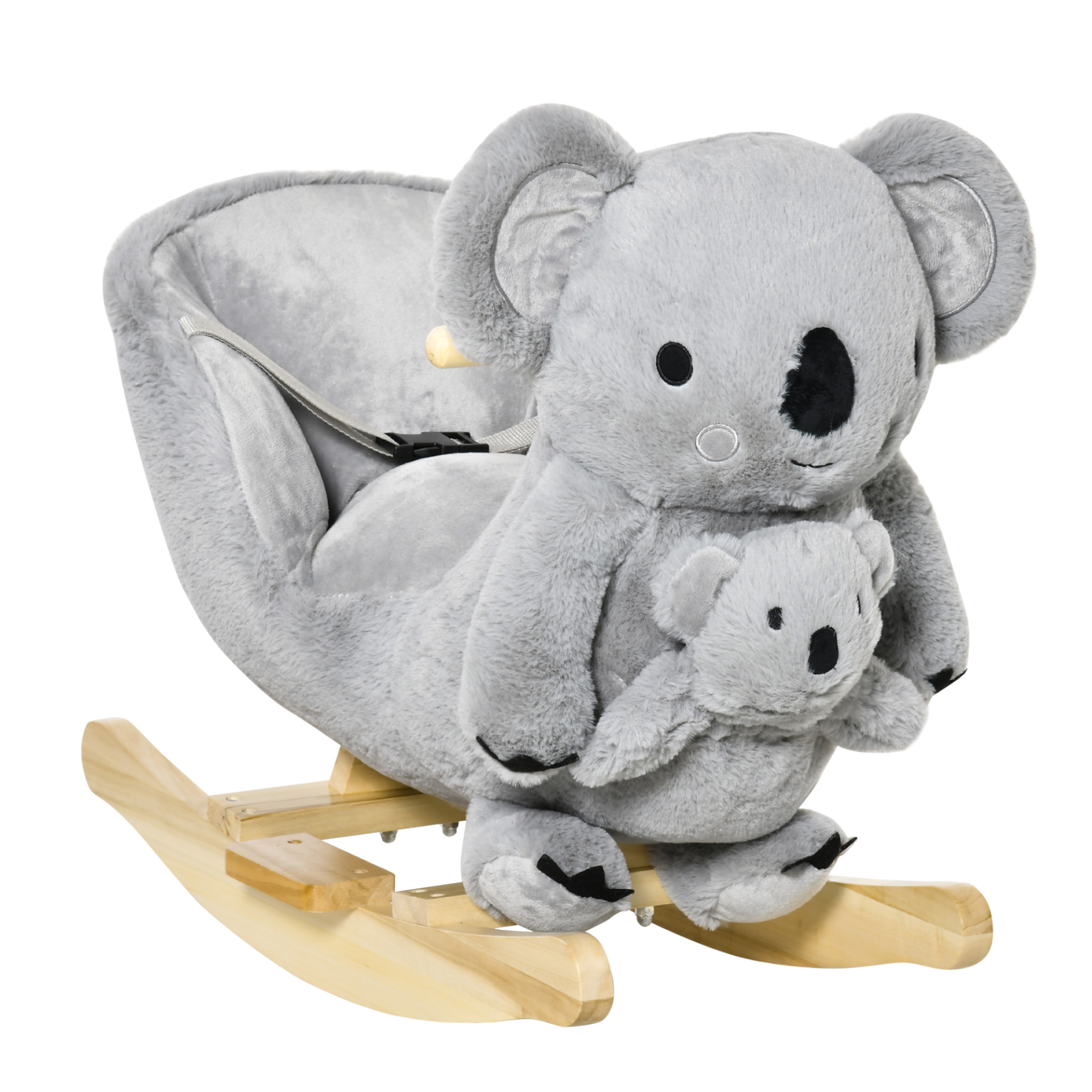 HOMCOM Kids Toddler Rocking Horse Plush Ride On Koala Rocker Wooden Base Seat Safety Belt w/ Gloved Doll Toy for 18-36 Months Grey - BEYRUN