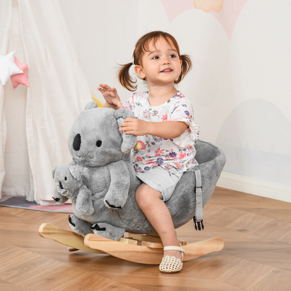 HOMCOM Kids Toddler Rocking Horse Plush Ride On Koala Rocker Wooden Base Seat Safety Belt w/ Gloved Doll Toy for 18-36 Months Grey - BEYRUN