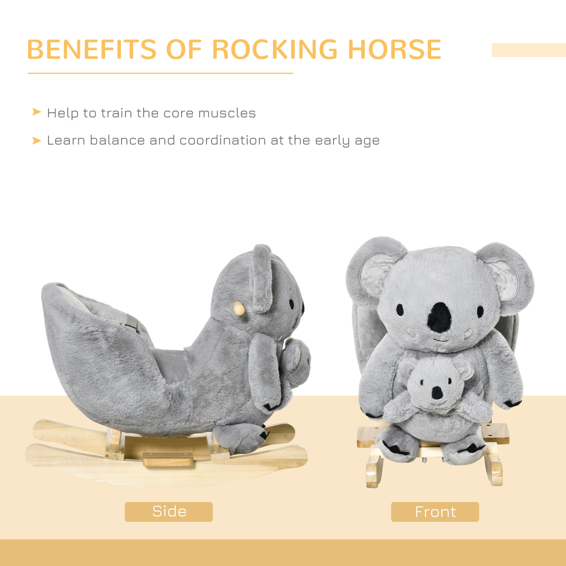 HOMCOM Kids Toddler Rocking Horse Plush Ride On Koala Rocker Wooden Base Seat Safety Belt w/ Gloved Doll Toy for 18-36 Months Grey - BEYRUN