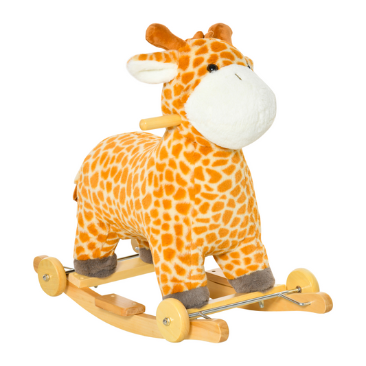 HOMCOM 2 In 1 Kids Toddler Rocking Horse Plush Ride On Giraffe Rocker with Wheels Wooden Base Animal Sounds for 36-72 Months - BEYRUN