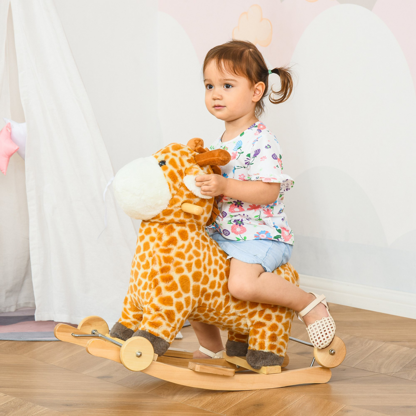 HOMCOM 2 In 1 Kids Toddler Rocking Horse Plush Ride On Giraffe Rocker with Wheels Wooden Base Animal Sounds for 36-72 Months - BEYRUN