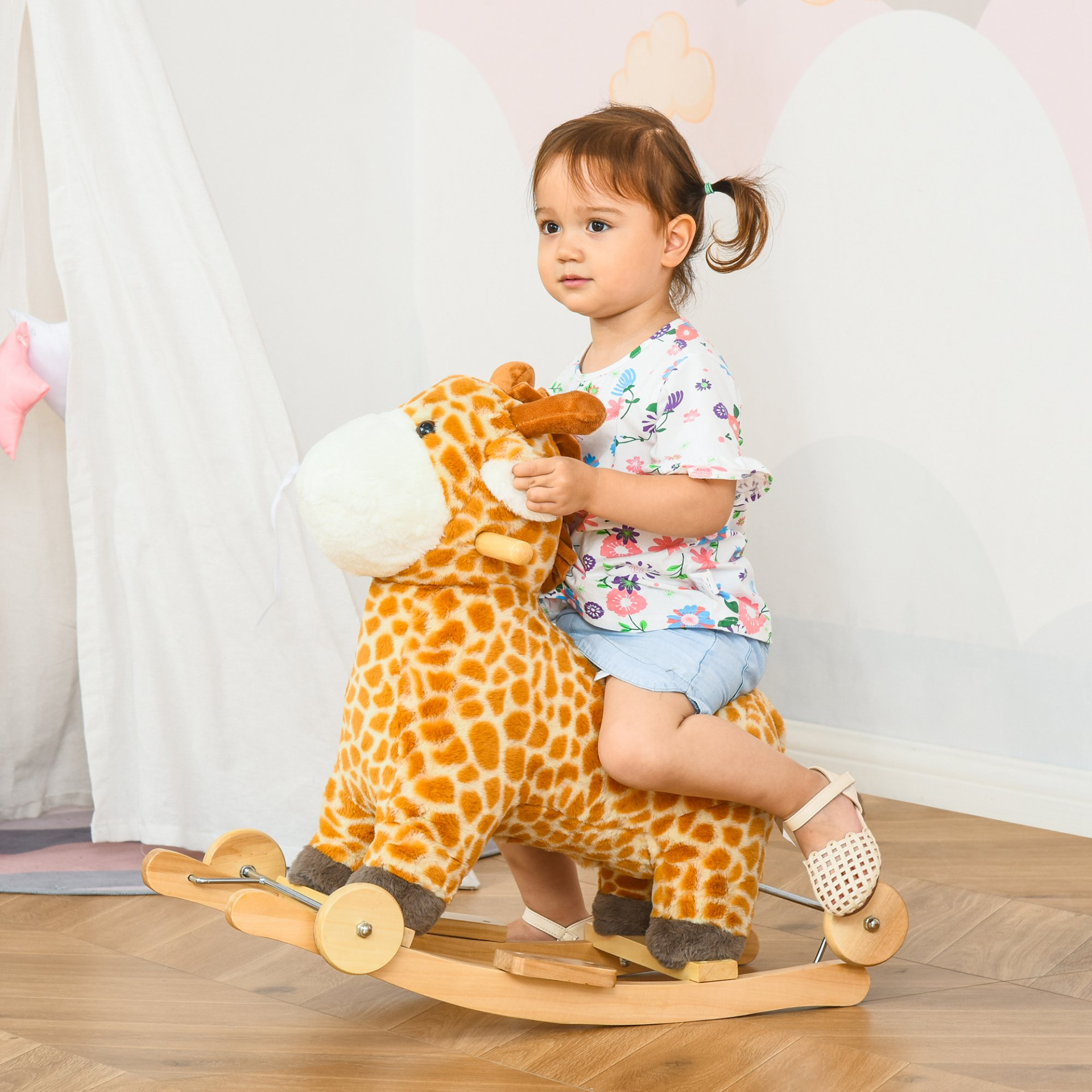 HOMCOM 2 In 1 Kids Toddler Rocking Horse Plush Ride On Giraffe Rocker with Wheels Wooden Base Animal Sounds for 36-72 Months - BEYRUN