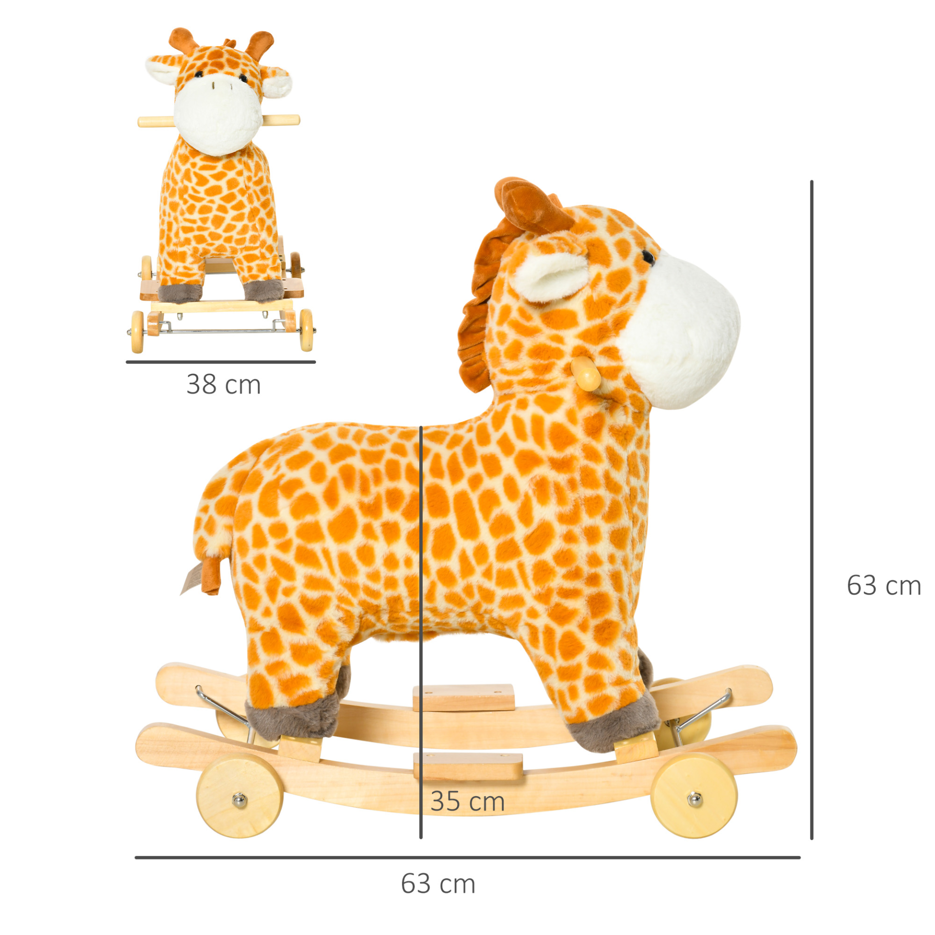 HOMCOM 2 In 1 Kids Toddler Rocking Horse Plush Ride On Giraffe Rocker with Wheels Wooden Base Animal Sounds for 36-72 Months - BEYRUN