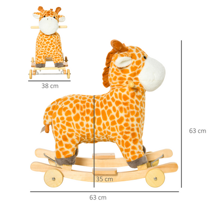 HOMCOM 2 In 1 Kids Toddler Rocking Horse Plush Ride On Giraffe Rocker with Wheels Wooden Base Animal Sounds for 36-72 Months - BEYRUN