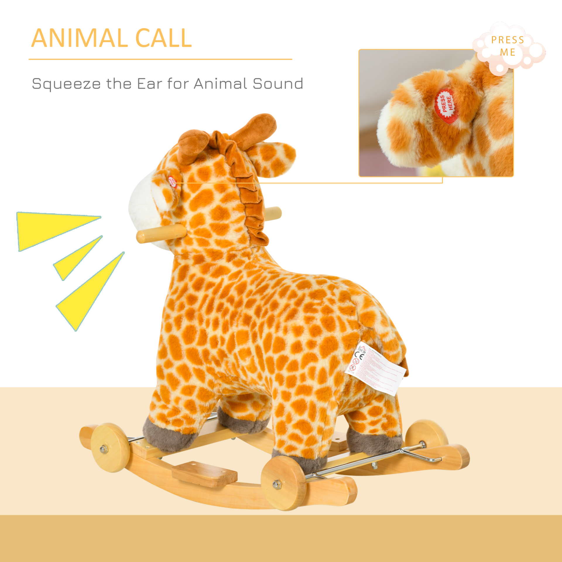 HOMCOM 2 In 1 Kids Toddler Rocking Horse Plush Ride On Giraffe Rocker with Wheels Wooden Base Animal Sounds for 36-72 Months - BEYRUN