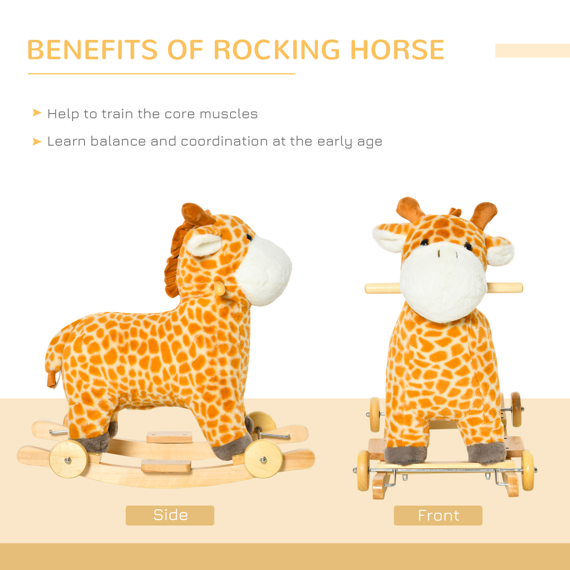 HOMCOM 2 In 1 Kids Toddler Rocking Horse Plush Ride On Giraffe Rocker with Wheels Wooden Base Animal Sounds for 36-72 Months - BEYRUN