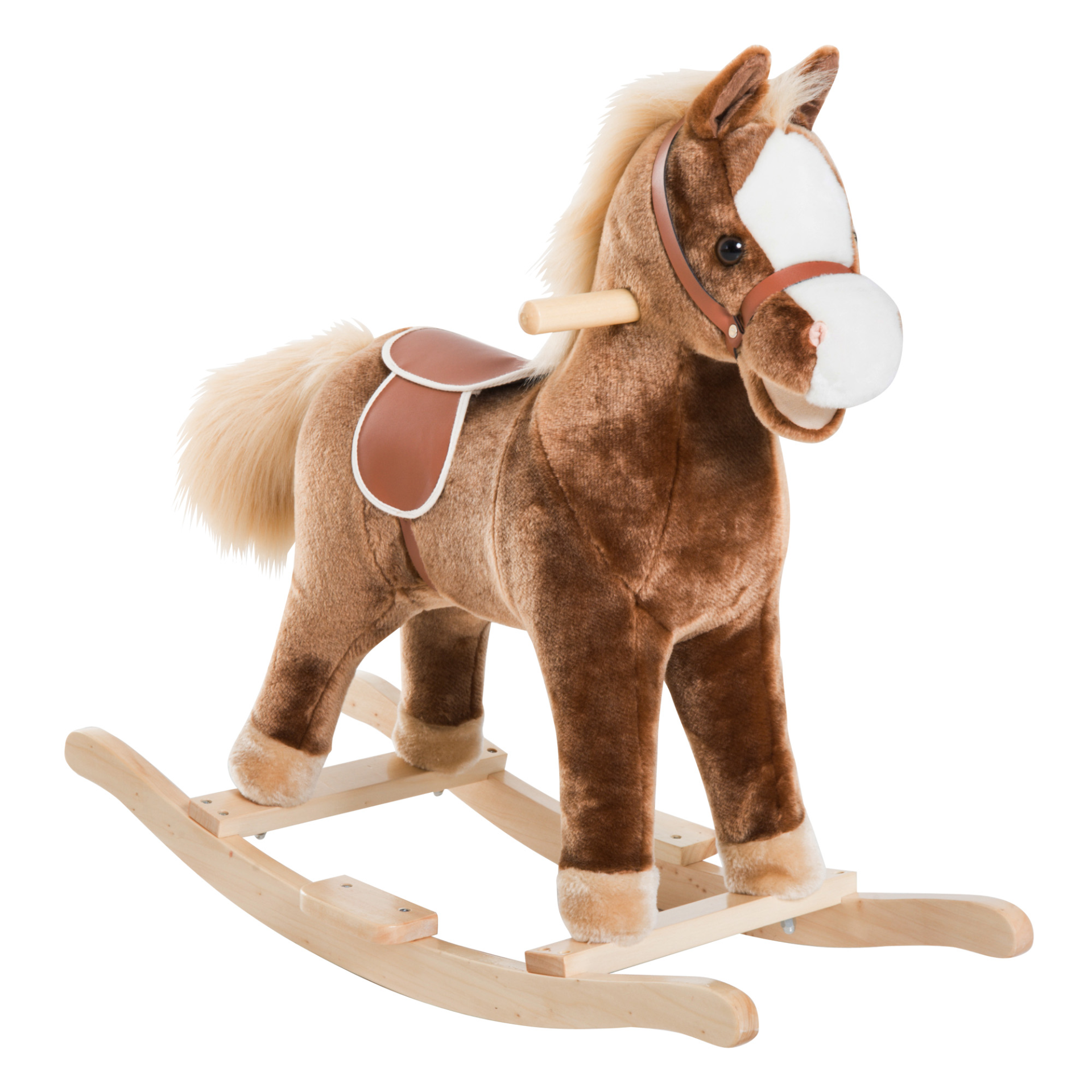 HOMCOM Kids Children Plush Rocking Horse - Wooden Base, Ride On Toy Rocker with Handle Grip, Fun Gift for Age 3+ (Brown) - BEYRUN