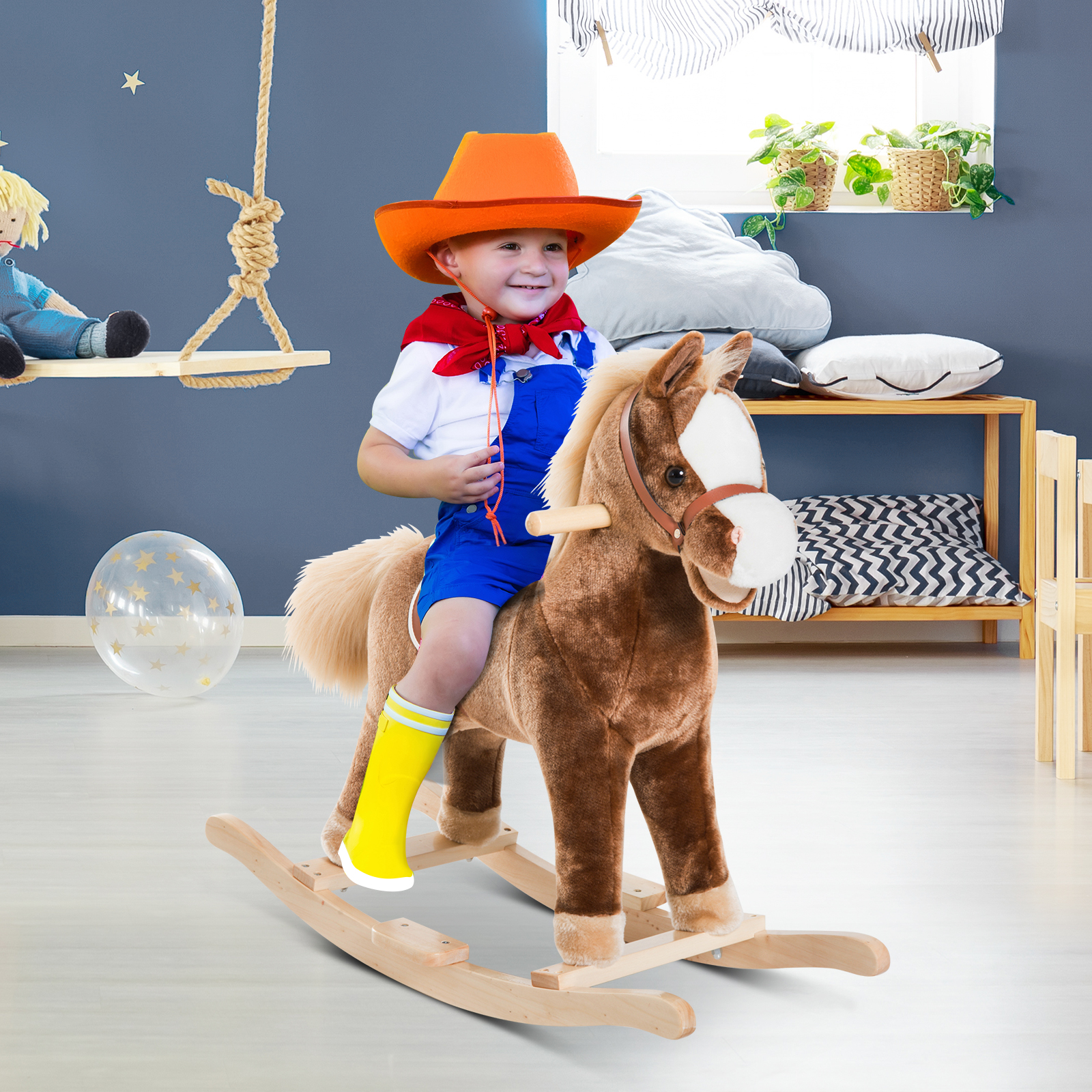 HOMCOM Kids Children Plush Rocking Horse - Wooden Base, Ride On Toy Rocker with Handle Grip, Fun Gift for Age 3+ (Brown) - BEYRUN