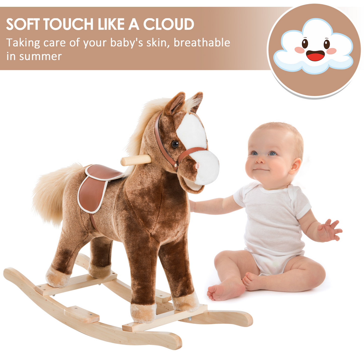 HOMCOM Kids Children Plush Rocking Horse - Wooden Base, Ride On Toy Rocker with Handle Grip, Fun Gift for Age 3+ (Brown) - BEYRUN