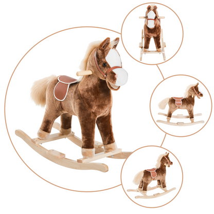 HOMCOM Kids Children Plush Rocking Horse - Wooden Base, Ride On Toy Rocker with Handle Grip, Fun Gift for Age 3+ (Brown) - BEYRUN