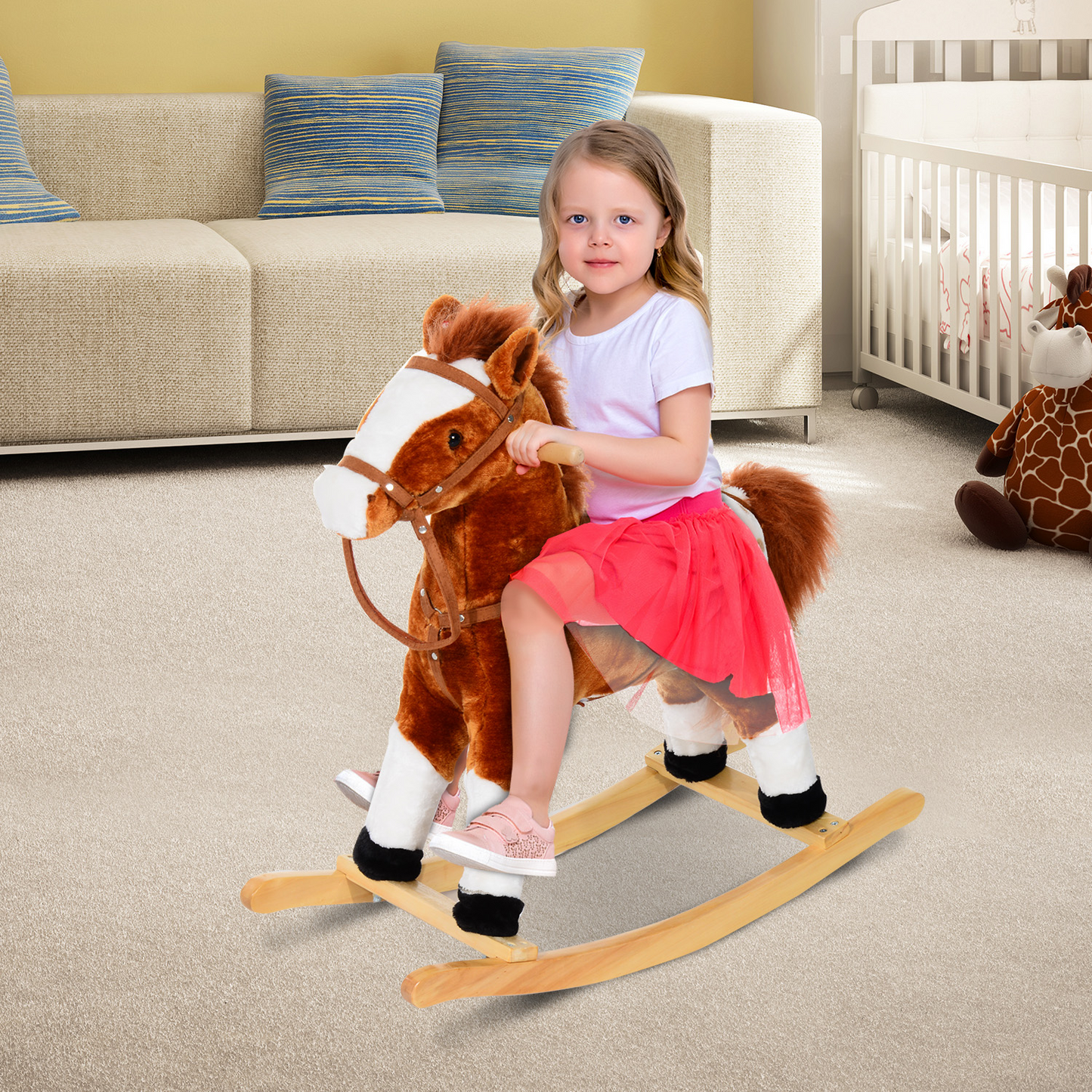 HOMCOM Children Child Kids Plush Rocking Horse with Sound Handle Grip Traditional Toy Fun Gift Brown - BEYRUN