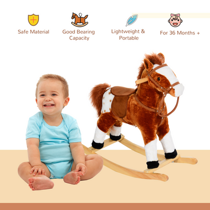 HOMCOM Children Child Kids Plush Rocking Horse with Sound Handle Grip Traditional Toy Fun Gift Brown - BEYRUN