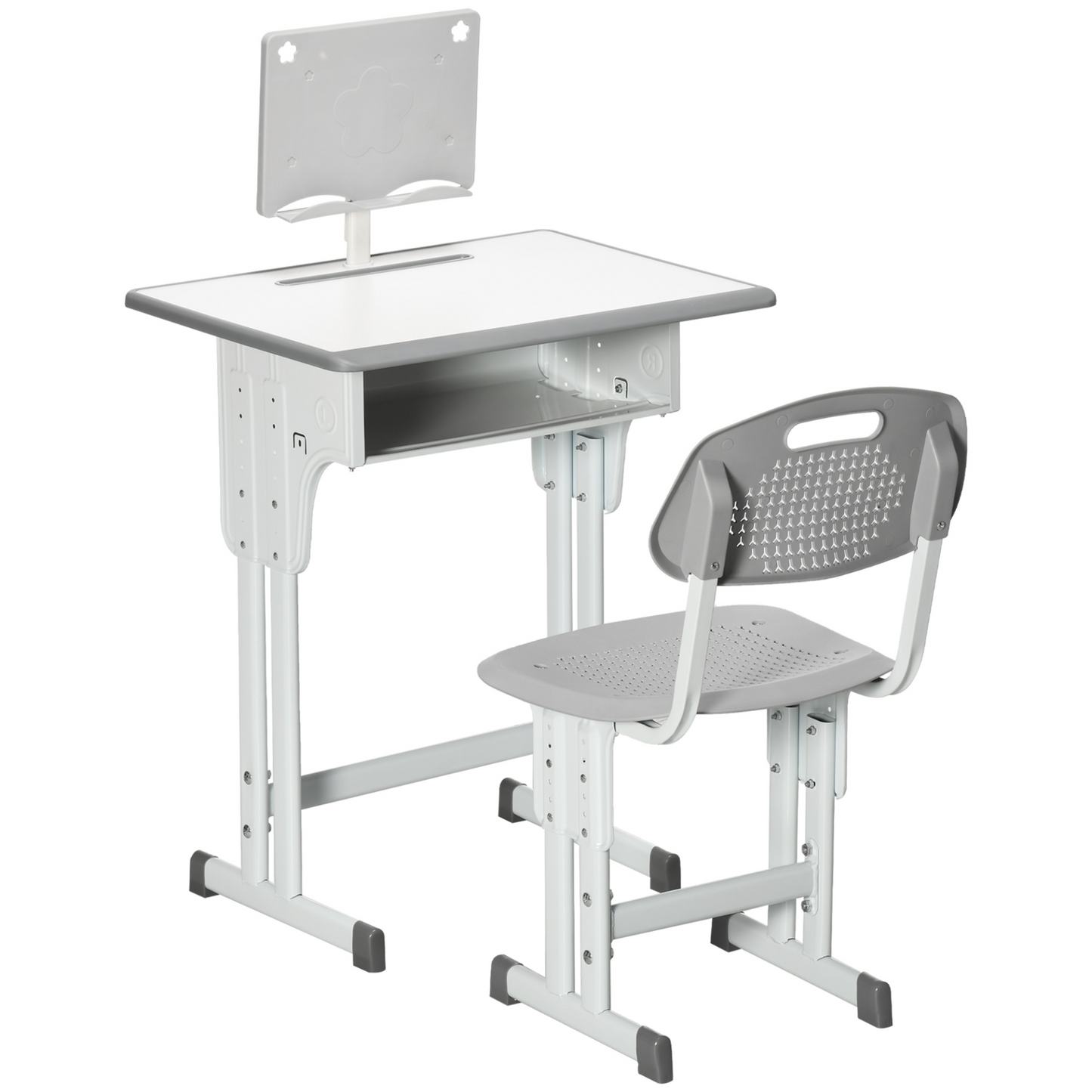 HOMCOM Adjustable Kids Desk and Chair Set - Study Table with Storage, Book Stand, and Cup Holder - Grey | Ideal for Ages 6-12 - BEYRUN